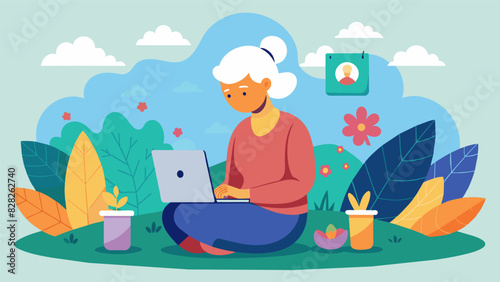 An elderly woman sitting in her garden peacefully scrolling through Instagram and admiring photos of her grandkids.. Vector illustration
