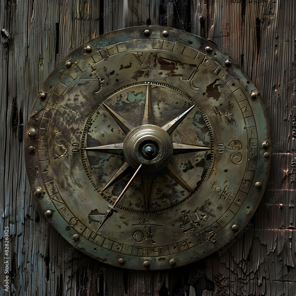 Vintage Antique Brass Dial on Rustic Wooden Background Evoking Nostalgia and Exploration