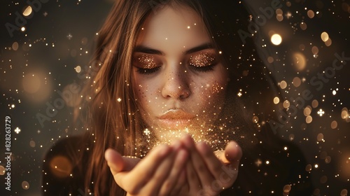 Beauty Young lady blowing stardust and magic dust out of her hands