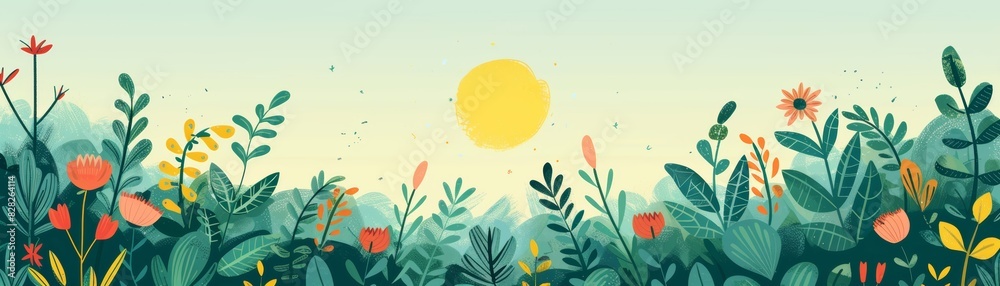 Fototapeta premium Sunrise over a vibrant garden with blooming flowers and lush greenery, capturing the beauty of nature in a colorful and serene setting.