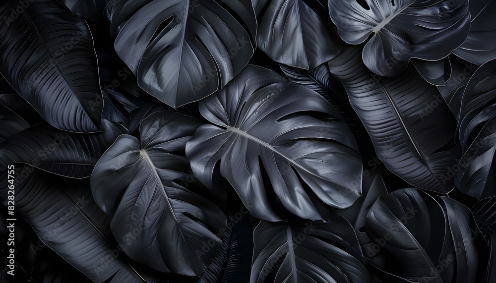 Obraz premium Abstract black background with large leaves of a tropical plant, dark abstract texture for a design and nature concept