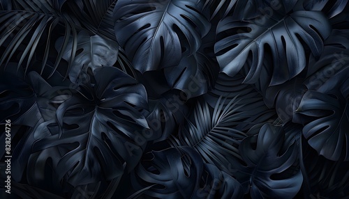 Abstract black background with large leaves of a tropical plant, dark abstract texture for a design and nature concept