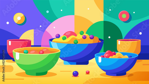 An Instagramworthy spot bursting with colorful bowls of cereal and Instagramworthy backdrops for the perfect breakfast photo.. Vector illustration