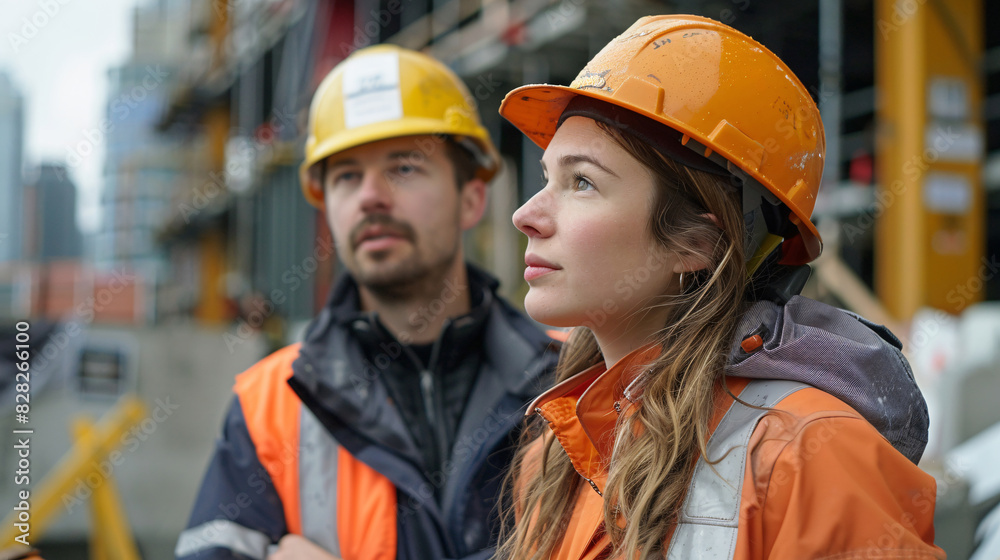 Female technician and male engineer collaborating on a construction site, both wearing safety helmets Female technician and male engineer collaborating on a construction site, both wearing safety helmets