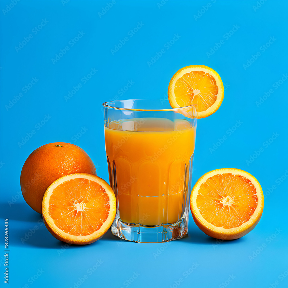 orange juice garnished with orange slice on sky blue background orange juice garnished with orange slice on sky blue background