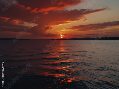 A deamatic and moody red sunset  with dark clouds looming in the sky. The sun   s last peek through the clouds  creating a stunning contract of light and shadow. Generative AI