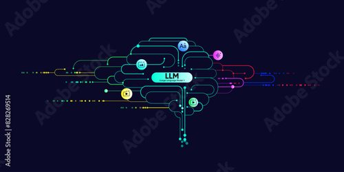 information with LLM, dot and line. Big data, technology, AI, data transfer, data flow, large language model, generative ai
