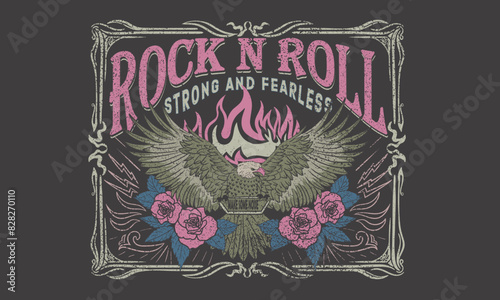 Strong and fearless. Rose flower. Eagle rock and roll. Music festival poster. Music world tour artwork. Wild and free. Rock and roll vector t-shirt design. Fire with eagle artwork.