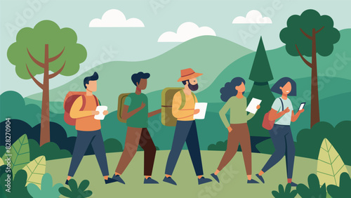 A the leads a group hike through a forest incorporating natureinspired mindfulness activities and reflective journaling prompts along the way.. Vector illustration