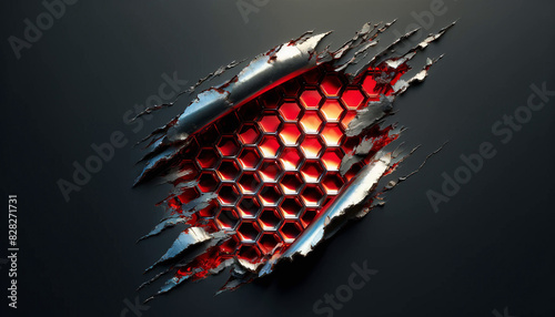 the torn metal revealed a shiny red and white honeycomb steel pattern beneath. The edges of the torn metal were jagged and rough. generative ai