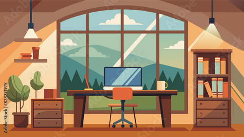 A rustic home office with a large picture window offering a picturesque view and plenty of natural light to keep creativity flowing.. Vector illustration