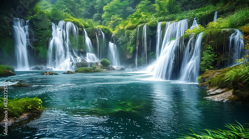 waterfall in the middle of a river surrounded by lush green trees