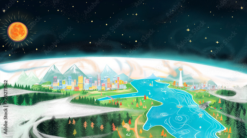 illustration of a city with a river running through it