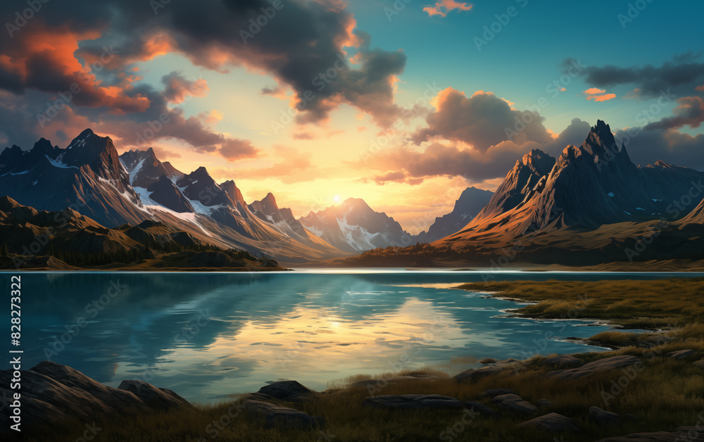 painting of a mountain lake with a mountain range in the background