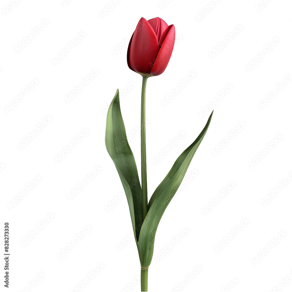 Single red tulip with green leaves isolated on black background.  Perfect for spring and love themes.