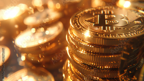 
Several gold Bitcoin crypto currency coins are stacked on a reflective surface with a blurred background containing many tiny white lights.

 photo