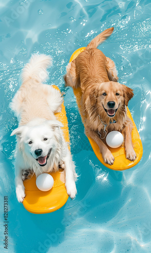 dogs are swimming in a pool with a yellow floatie