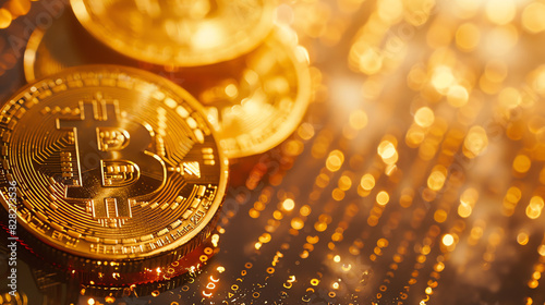 
Several gold Bitcoin crypto currency coins are stacked on a reflective surface with a blurred background containing many tiny white lights.

 photo