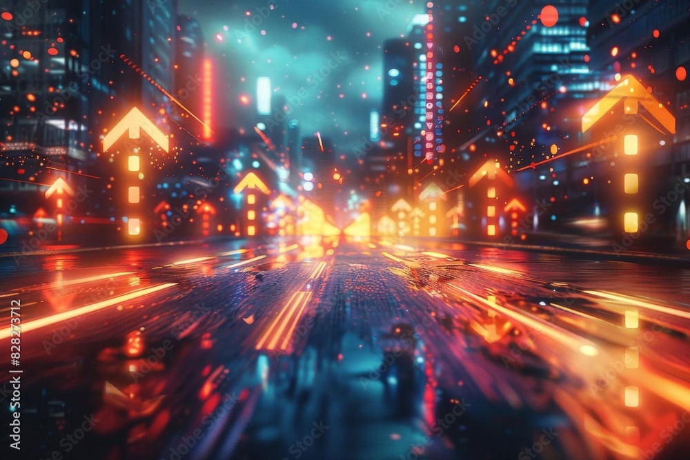 Futuristic urban cityscape with glowing neon lights and vibrant digital arrows, creating a dynamic and fast-paced atmosphere at night.