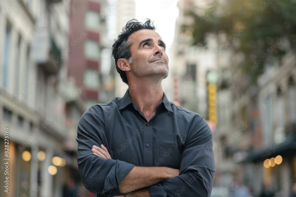 Confident man with arms crossed looking up in an urban setting Confident man with arms crossed looking up in an urban setting
