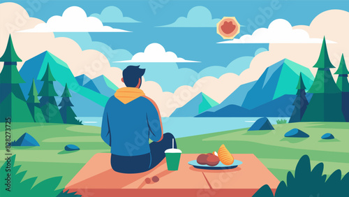 A person stands in front of a picturesque view taking in their surroundings while mindfully eating a picnic lunch.. Vector illustration