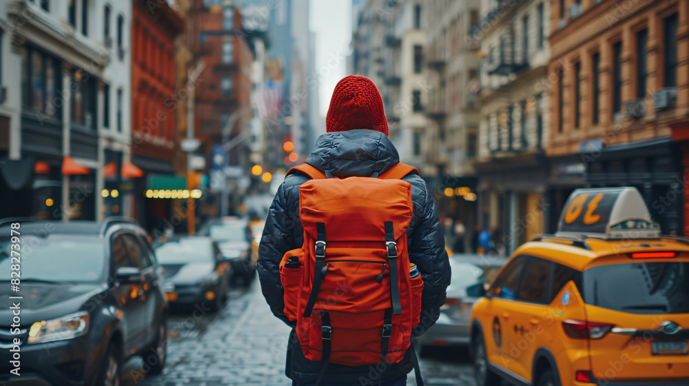 Fototapeta premium Male delivery worker with a backpack delivering food in the city