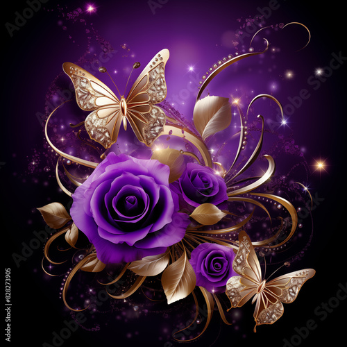 purple roses and gold butterflies on a purple background