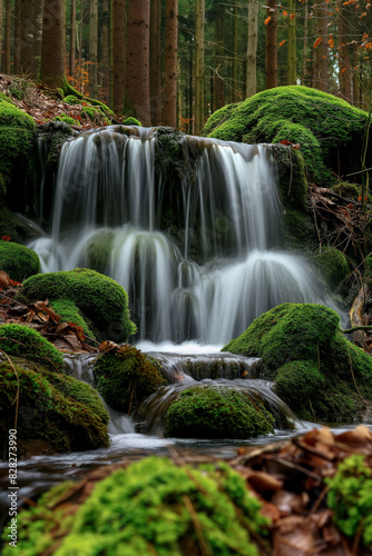 arafed waterfall in a forest with mossy rocks and leaves