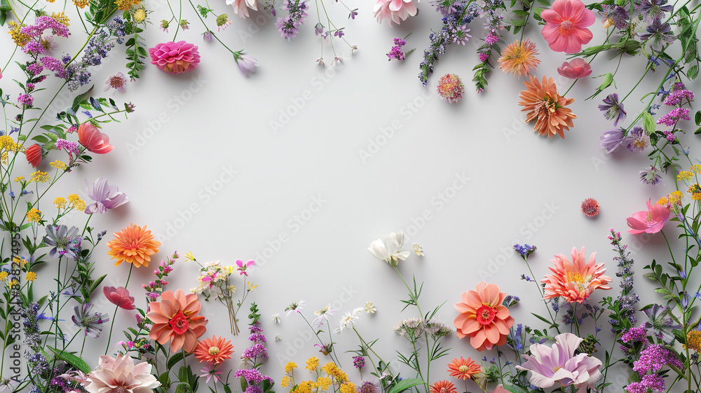 Banner with frame made of rose flowers and green leaves on a white ...