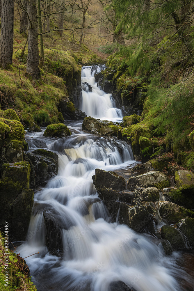 Fototapeta premium there is a stream running through a forest filled with rocks