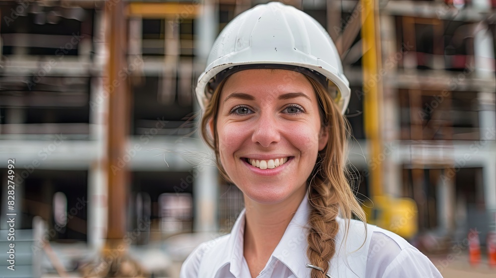 Beautiful Female Engineer Smiling with Construction Background Beautiful Female Engineer Smiling with Construction Background