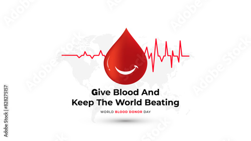 Blood icon symbol with Life line and world map vector illustration for blood donor day awareness and promotional poster.