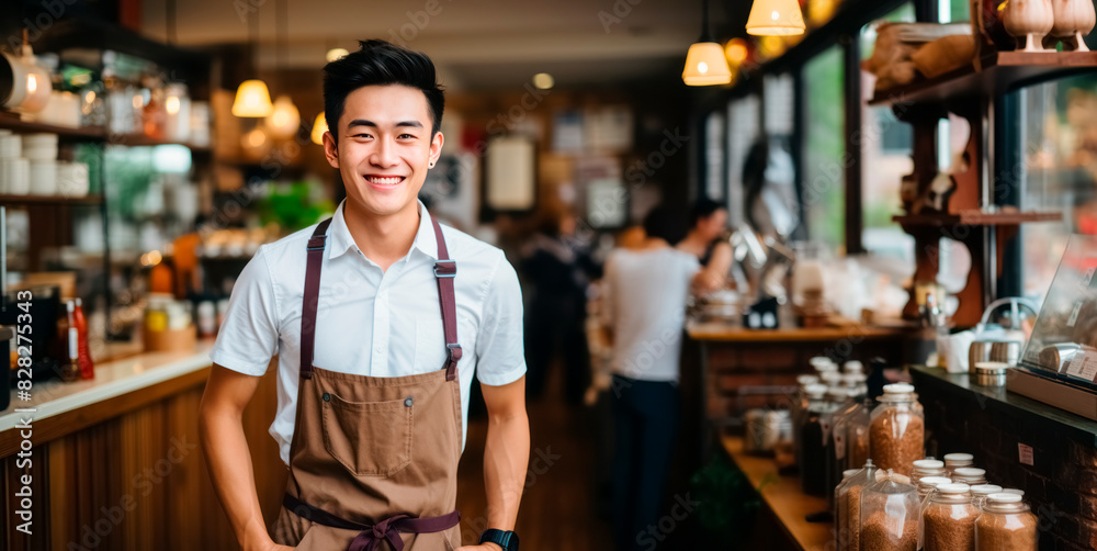 A smiling waiter in a white shirt and brown apron standing in a coffee shop, with a cozy background, embodying the concept of hospitality. Generative AI