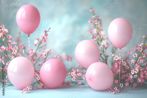 Abstract pale green background with pink balloons and flowers