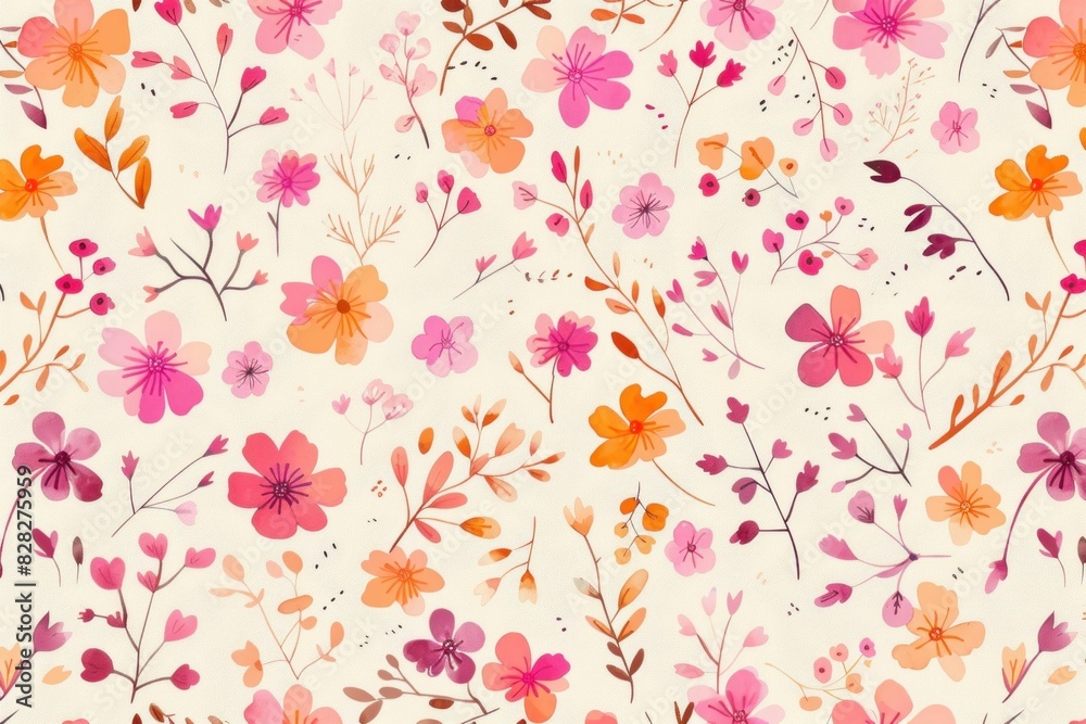 Floral paradise vibrant pink, orange and purple flowers on beige background seamless pattern for fashion and beauty design Floral paradise vibrant pink, orange and purple flowers on beige background seamless pattern for fashion and beauty design