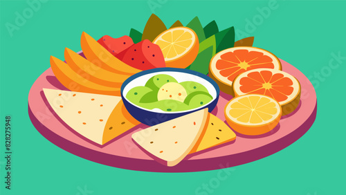 Diners will delight in the colorful array of sliced citrus creamy hummus and crispy crackers on this fresh and vibrant grazing platter.. Vector illustration