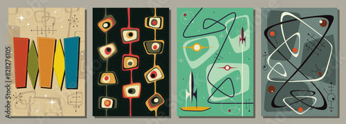 1950s - 1960s Space Age Style Backgrounds, Vector Template for Retro Party Posters, Invitations, Illustrations. Mid Century Modern Atomic Age Decorative Style, Abstract Shapes and Colors