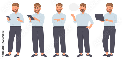 Young entrepreneur character set. Full length businessman in business attire. The man uses a tablet, phone and laptop, says