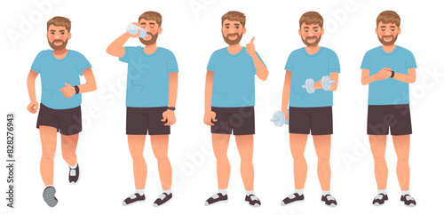Man and sport. Guy runs, exercises in a gym, drinks water, and monitors his health indicators on a fitness bracelet. Vector illustration