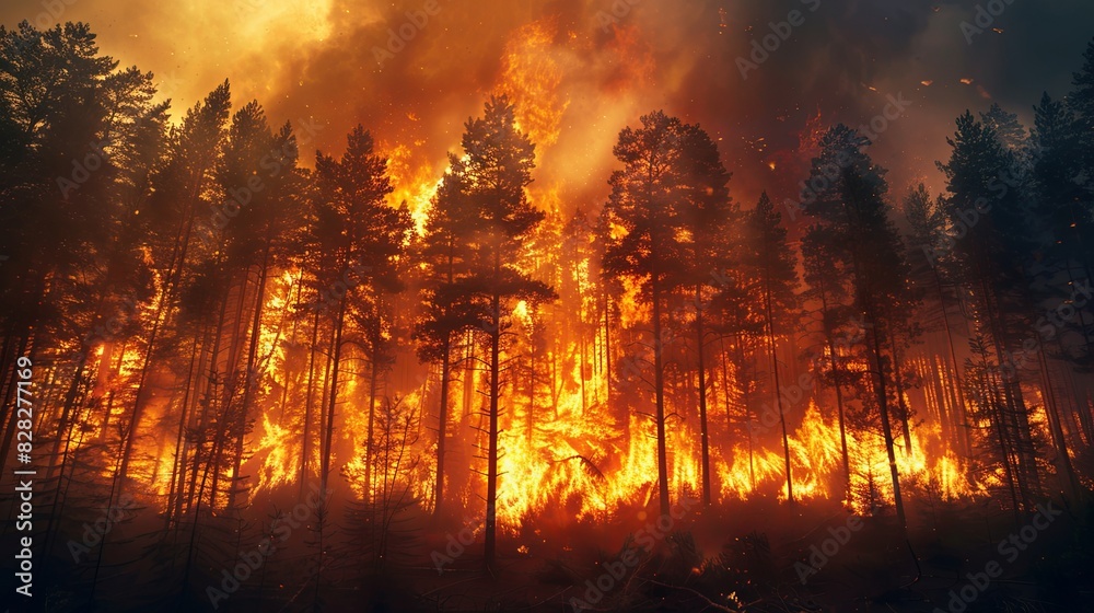 Large flames engulfing a forest in a destructive fire. Large flames engulfing a forest in a destructive fire.