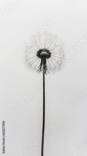Minimalist dandelion seed floating on white background  symbolizing hope  resilience  and growth