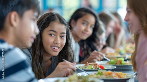 A multicultural group of teenagers sharing a meal in a school cafeteria  diverse ethnicities  blurred background  bokeh  with copy space