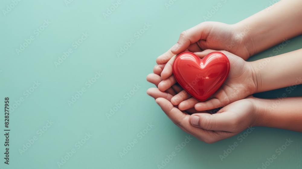 Fototapeta premium adult and child hands holding red heart on aqua background, heart health, donation, CSR concept, world heart day, world health day, family day.