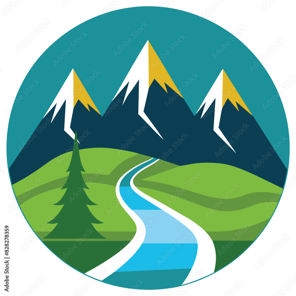 Vector pictogram of a mountain landscape with a stream or road background