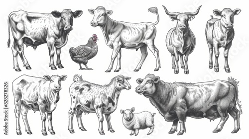 Animals meet types ink illustrations set, hand drawn illustrations of cow, chicken, pig, sheep, goat and duck. Domestic farm animals isolated on white background, vector illustrations