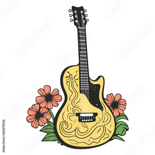 Cartoon hippy yellow guitar icon Groovy vector illustration of a retro guitar.
