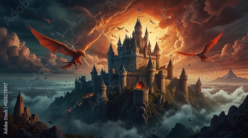illustration magical kingdom with dragons ai generated