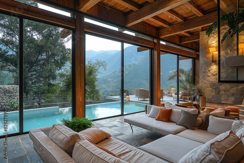 arafed living room with a pool and a large window