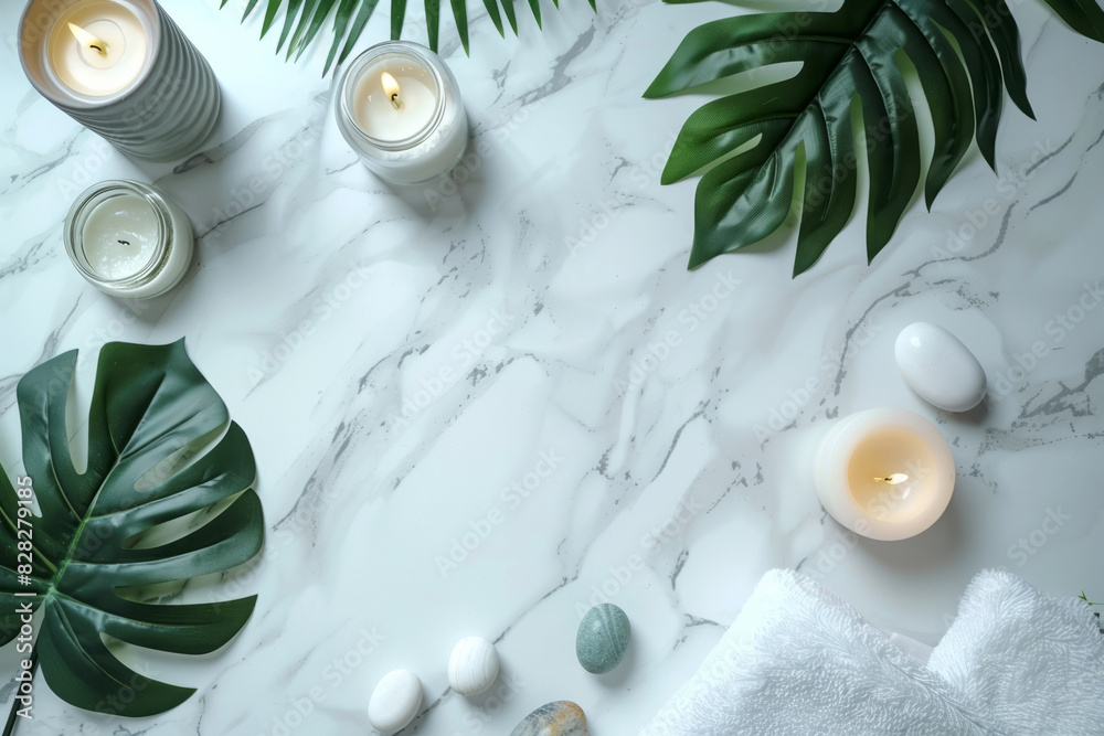 Flat lay for Spa and massage with a palm leaves on a white marble background. AI generative