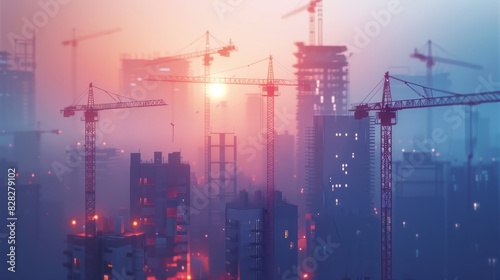 City building construction sites development and tower cranes. Generative AI technology. photo